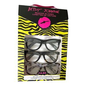 Betsey Johnson +2.00 Reading Glasses Readers 3 Pack Set Black Tortoise White